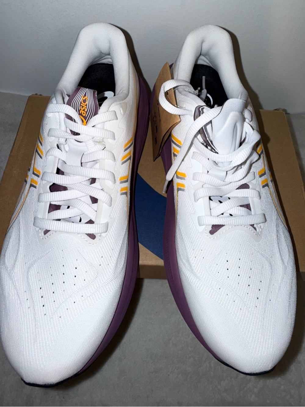 ASICS White Athletic Shoes with Purple Soles and Yellow Stripes - Picture 4 of 5